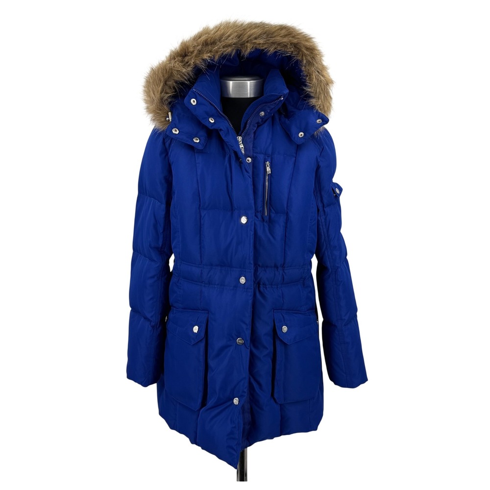 Lauren Ralph Lauren Parka Coat Womens M Royal Blue Faux Fur Trim Hooded Puffer